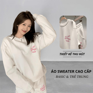Set Bộ Nỉ Nữ Thu Đông CHEPOL Cổ Tròn, In Chữ Hồng, Chất Nỉ Chân Cua Cao Cấp ( Áo Sweater Trắng + Quần Dài Trắng ) -CPN11
