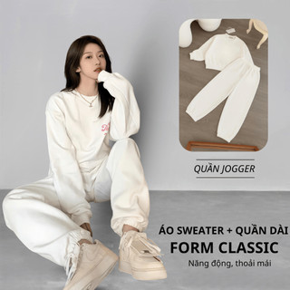 Set Bộ Nỉ Nữ Thu Đông CHEPOL Cổ Tròn, In Chữ Hồng, Chất Nỉ Chân Cua Cao Cấp ( Áo Sweater Trắng + Quần Dài Trắng ) -CPN11