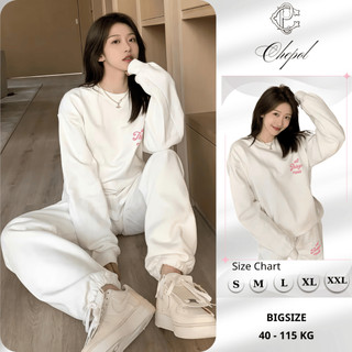 Set Bộ Nỉ Nữ Thu Đông CHEPOL Cổ Tròn, In Chữ Hồng, Chất Nỉ Chân Cua Cao Cấp ( Áo Sweater Trắng + Quần Dài Trắng ) -CPN11