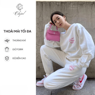 Set Bộ Nỉ Nữ Thu Đông CHEPOL Cổ Tròn, In Chữ Hồng, Chất Nỉ Chân Cua Cao Cấp ( Áo Sweater Trắng + Quần Dài Trắng ) -CPN11