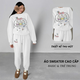 Set Bộ Nỉ Nữ Thu Đông CHEPOL Cổ Tròn, In Hình Thỏ, Chất Nỉ Chân Cua Cao Cấp (Áo Sweater Trắng + Quần Dài Trắng)-CP_x2460