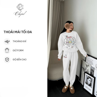 Set Bộ Nỉ Nữ Thu Đông CHEPOL Cổ Tròn, In Hình Thỏ, Chất Nỉ Chân Cua Cao Cấp (Áo Sweater Trắng + Quần Dài Trắng)-CP_x2460