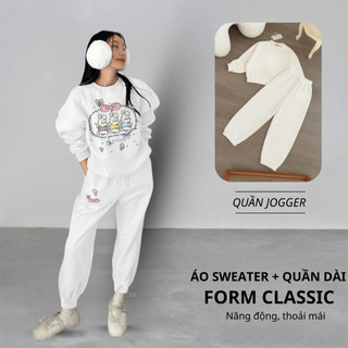 Set Bộ Nỉ Nữ Thu Đông CHEPOL Cổ Tròn, In Hình Thỏ, Chất Nỉ Chân Cua Cao Cấp (Áo Sweater Trắng + Quần Dài Trắng)-CP_x2460