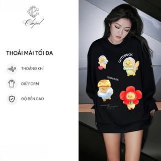 Set Bộ Nỉ Nữ Thu Đông CHEPOL Cổ Tròn, In Chú Gà Con, Chất Nỉ Chân Cua Cao Cấp ( Áo Sweater Đen + Quần Đùi Đen )-CP_15560