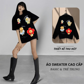 Set Bộ Nỉ Nữ Thu Đông CHEPOL Cổ Tròn, In Chú Gà Con, Chất Nỉ Chân Cua Cao Cấp ( Áo Sweater Đen + Quần Đùi Đen )-CP_15560