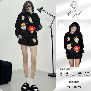 Set Bộ Nỉ Nữ Thu Đông CHEPOL Cổ Tròn, In Chú Gà Con, Chất Nỉ Chân Cua Cao Cấp ( Áo Sweater Đen + Quần Đùi Đen )-CP_15560