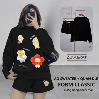 Set Bộ Nỉ Nữ Thu Đông CHEPOL Cổ Tròn, In Chú Gà Con, Chất Nỉ Chân Cua Cao Cấp ( Áo Sweater Đen + Quần Đùi Đen )-CP_15560