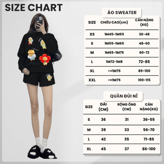 Set Bộ Nỉ Nữ Thu Đông CHEPOL Cổ Tròn, In Chú Gà Con, Chất Nỉ Chân Cua Cao Cấp ( Áo Sweater Đen + Quần Đùi Đen )-CP_15560