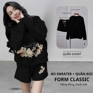 Set Bộ Nỉ Nữ Thu Đông CHEPOL Cổ Tròn, In Hoa, Chất Nỉ Chân Cua Cao Cấp, Bigsize (Áo Sweater Đen + Quần Đùi Đen)-CP_x2397