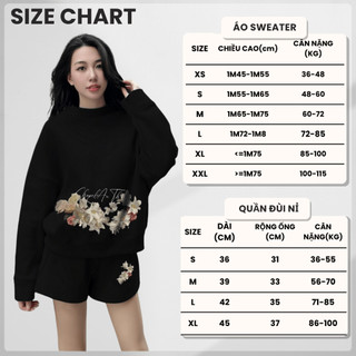 Set Bộ Nỉ Nữ Thu Đông CHEPOL Cổ Tròn, In Hoa, Chất Nỉ Chân Cua Cao Cấp, Bigsize (Áo Sweater Đen + Quần Đùi Đen)-CP_x2397