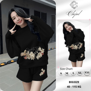 Set Bộ Nỉ Nữ Thu Đông CHEPOL Cổ Tròn, In Hoa, Chất Nỉ Chân Cua Cao Cấp, Bigsize (Áo Sweater Đen + Quần Đùi Đen)-CP_x2397