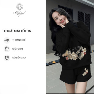 Set Bộ Nỉ Nữ Thu Đông CHEPOL Cổ Tròn, In Hoa, Chất Nỉ Chân Cua Cao Cấp, Bigsize (Áo Sweater Đen + Quần Đùi Đen)-CP_x2397