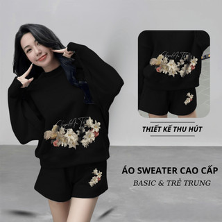 Set Bộ Nỉ Nữ Thu Đông CHEPOL Cổ Tròn, In Hoa, Chất Nỉ Chân Cua Cao Cấp, Bigsize (Áo Sweater Đen + Quần Đùi Đen)-CP_x2397