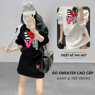 Set Bộ Nỉ Nữ Thu Đông CHEPOL Cổ Tròn, In Chữ Love, Chất Nỉ Chân Cua Cao Cấp (Áo Sweater Trắng + Chân Váy Trắng)-CP_13465