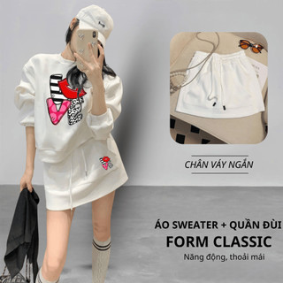 Set Bộ Nỉ Nữ Thu Đông CHEPOL Cổ Tròn, In Chữ Love, Chất Nỉ Chân Cua Cao Cấp (Áo Sweater Trắng + Chân Váy Trắng)-CP_13465