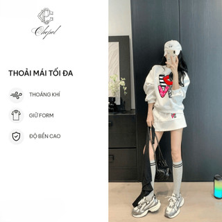 Set Bộ Nỉ Nữ Thu Đông CHEPOL Cổ Tròn, In Chữ Love, Chất Nỉ Chân Cua Cao Cấp (Áo Sweater Trắng + Chân Váy Trắng)-CP_13465