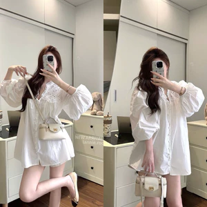 Váy Sơmi Form Dấu Quần Chất Thô Mềm Phối Ren Hoa Khuy Ngọc