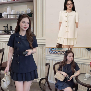 [S2.4209] Set Dạ Tex Cổ Sen Đính Nơ Dọc Mix Chân Váy Xếp Ly Hàng 2 Lớp Dày Dặn 2 Màu