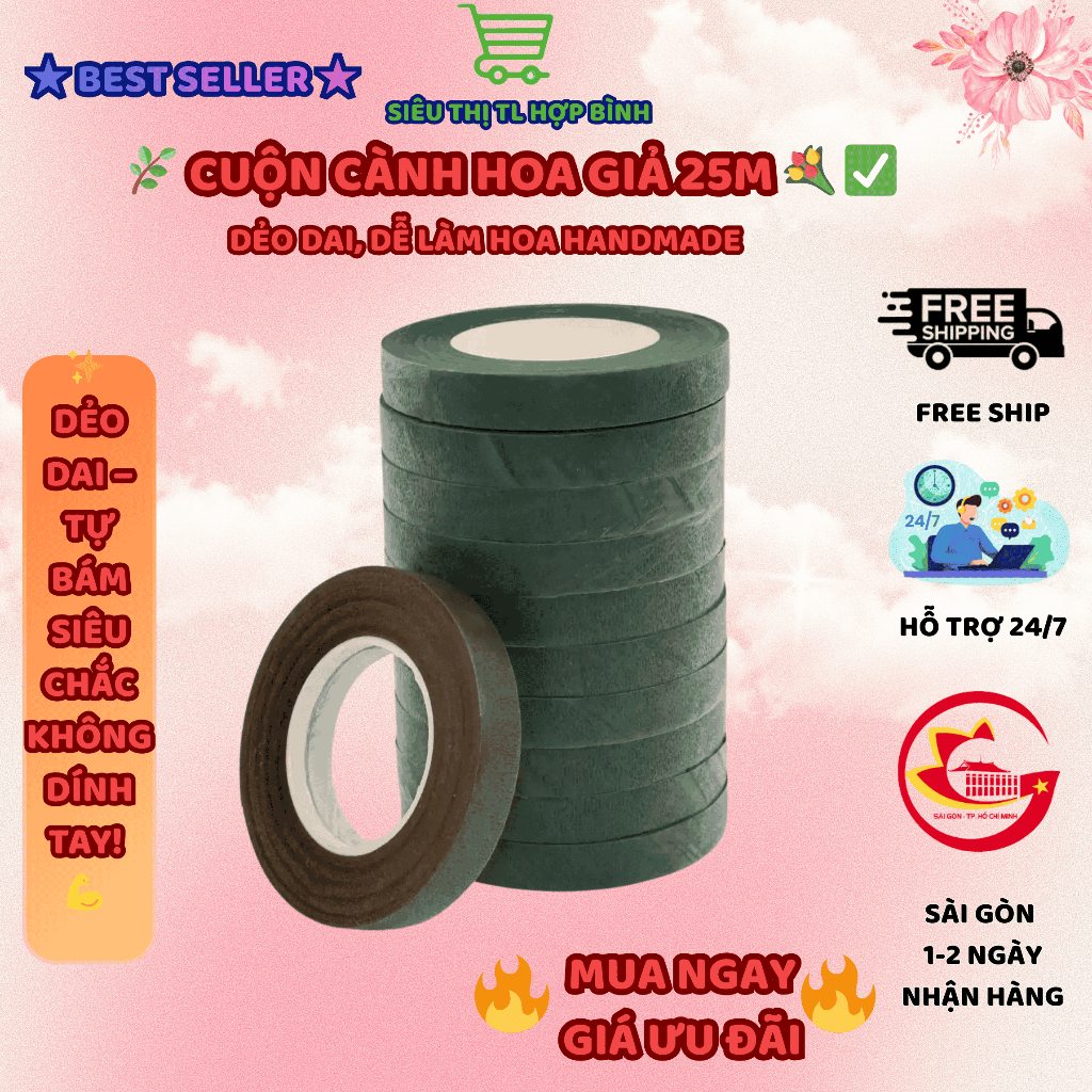 Cuốn Cành Hoa 20m Xanh Nâu – 🎀 Cuộn Quấn Thân Hoa Giả, Hoa Lụa | 🧵 Phụ Kiện Làm Hoa Handmade
