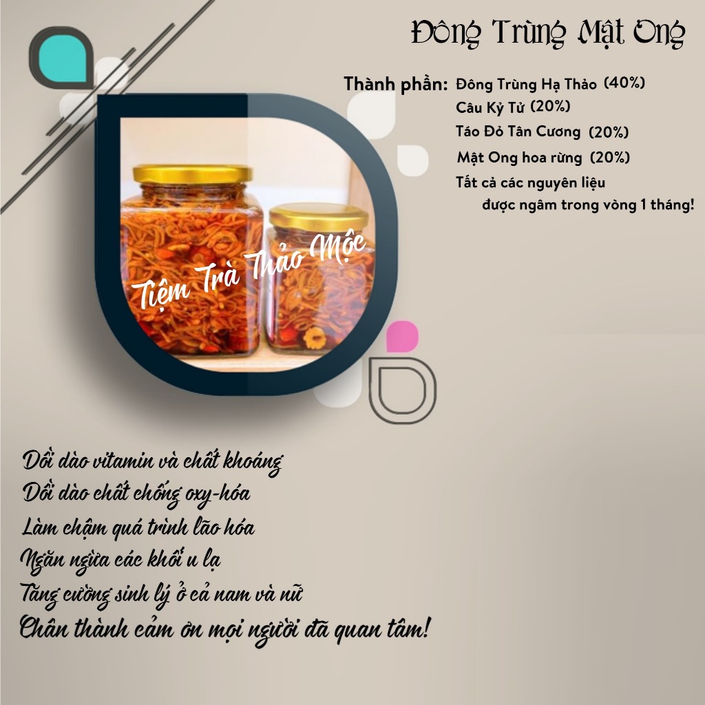 Đông Trùng Mật Ong - Đông Trùng Hạ Thảo, Táo Đỏ, Kỷ Tử ngâm Mật Ong hoa rừng