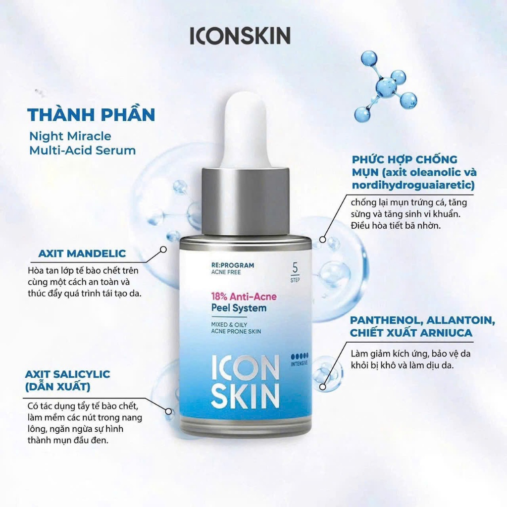 [ĐẠI LÝ CHÍNH HÃNG] Peel Icon Skin 18% Anti-Acne Smart peel system 30ml - Peel không bong, làm sáng da