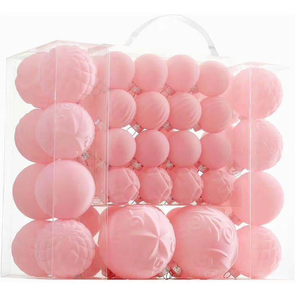 Hộp châu nhung 46 quả Hồng - Đỏ  mix cỡ 4cm, 6cm 8cm set châu đầy đủ trang trí cây thông deco giáng sinh