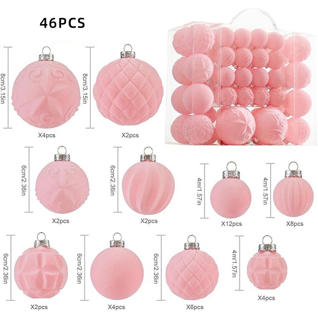 Hộp châu nhung 46 quả Hồng - Đỏ  mix cỡ 4cm, 6cm 8cm set châu đầy đủ trang trí cây thông deco giáng sinh