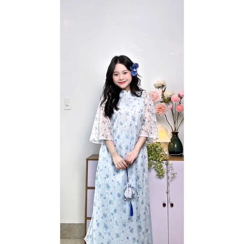 Áo dài Yên Dung hoa ren đính cúc bọc kèm quần lụa, áo dài cách tân Tết TAM AD07