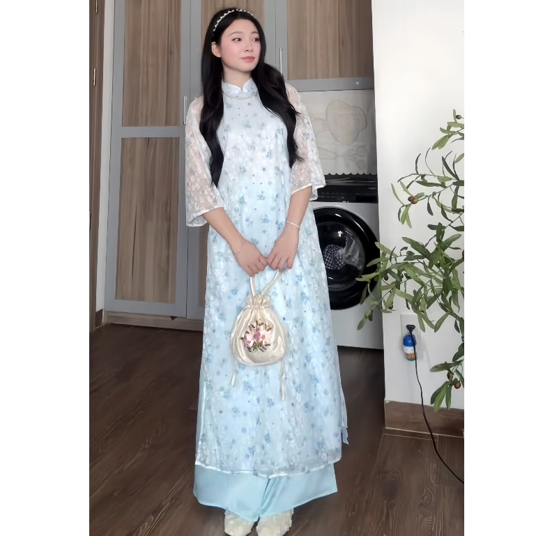Áo dài Yên Dung hoa ren đính cúc bọc kèm quần lụa, áo dài cách tân Tết TAM AD07