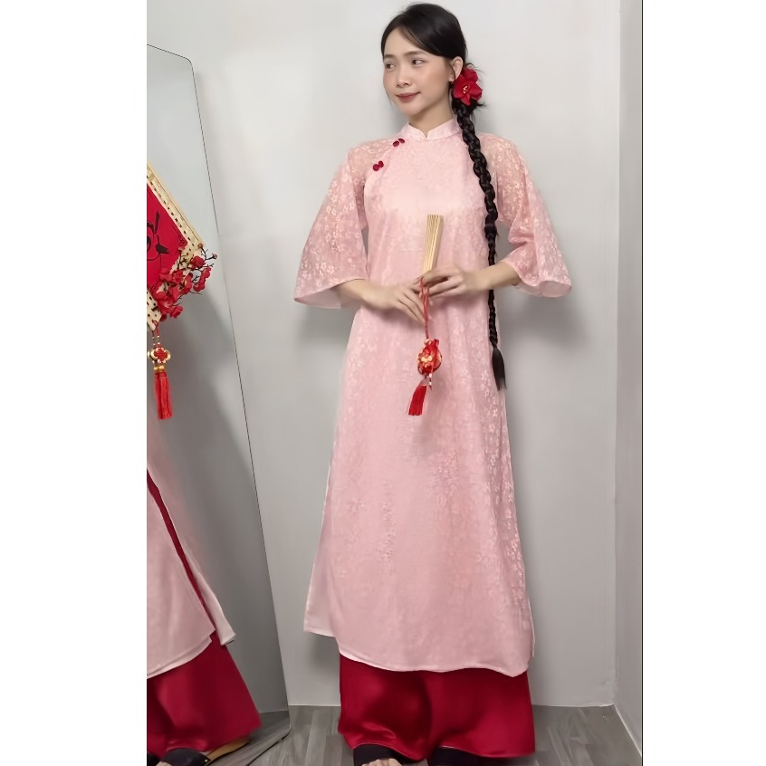 Áo dài Yên Dung hoa ren đính cúc bọc kèm quần lụa, áo dài cách tân Tết TAM AD07