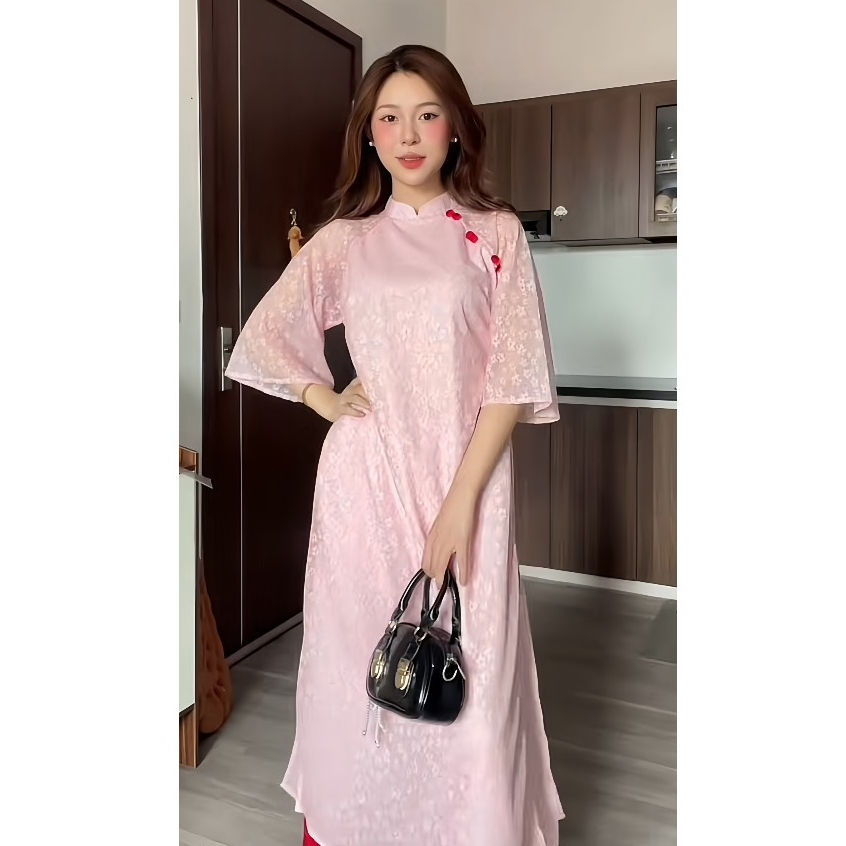 Áo dài Yên Dung hoa ren đính cúc bọc kèm quần lụa, áo dài cách tân Tết TAM AD07