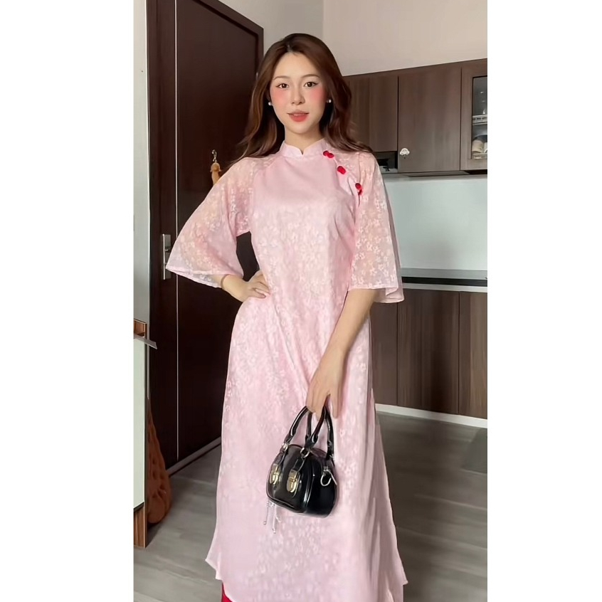 Áo dài Yên Dung hoa ren đính cúc bọc kèm quần lụa, áo dài cách tân Tết TAM AD07
