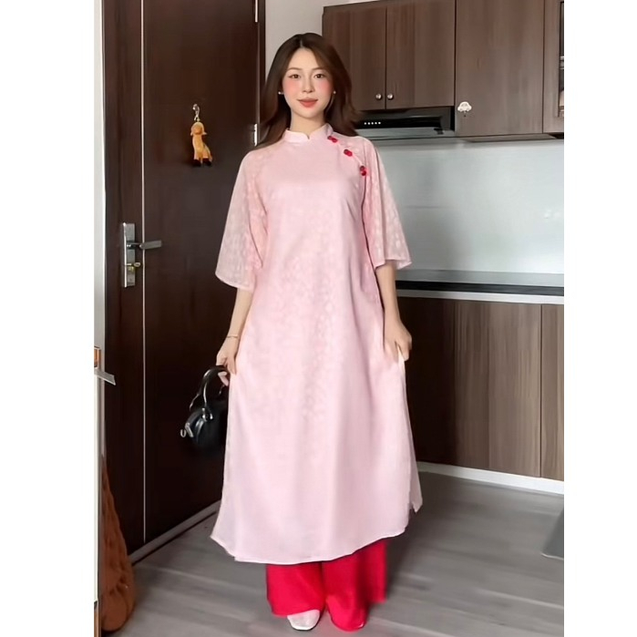 Áo dài Yên Dung hoa ren đính cúc bọc kèm quần lụa, áo dài cách tân Tết TAM AD07