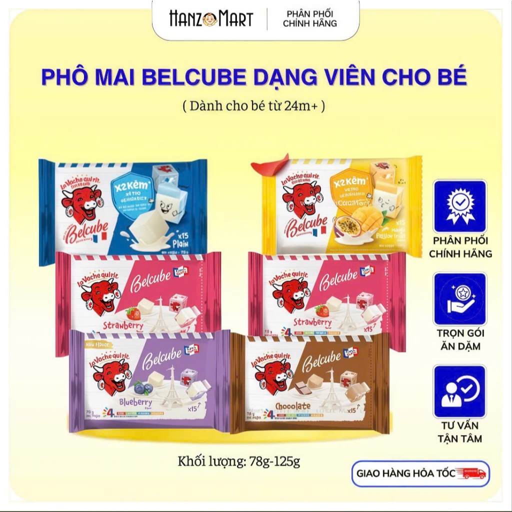 Phô mai viên Belcube plain / dâu / vani / socola bò cười phô mai viên