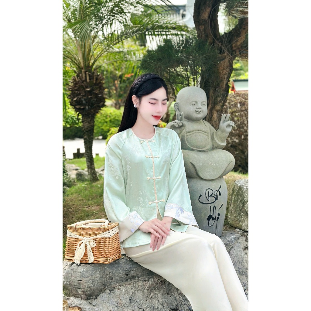 Pháp phục đi chùa cổ tròn tay phối gấm tô châu  Bộ đồ lam đi chùa dài tay tiểu thư gấm mềm mịn Thanh lịch-LS