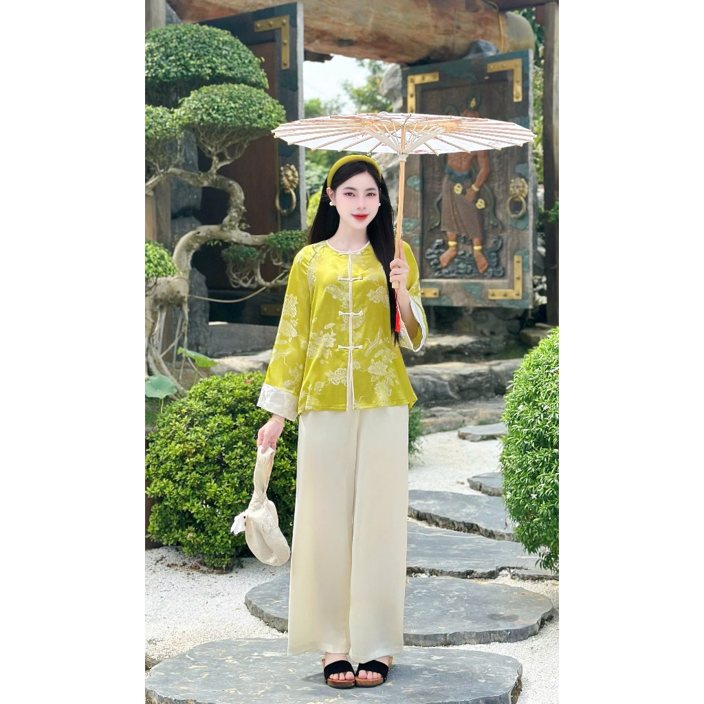 Pháp phục đi chùa cổ tròn tay phối gấm tô châu  Bộ đồ lam đi chùa dài tay tiểu thư gấm mềm mịn Thanh lịch-LS