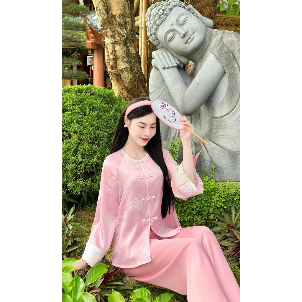 Pháp phục đi chùa cổ tròn tay phối gấm tô châu  Bộ đồ lam đi chùa dài tay tiểu thư gấm mềm mịn Thanh lịch-LS