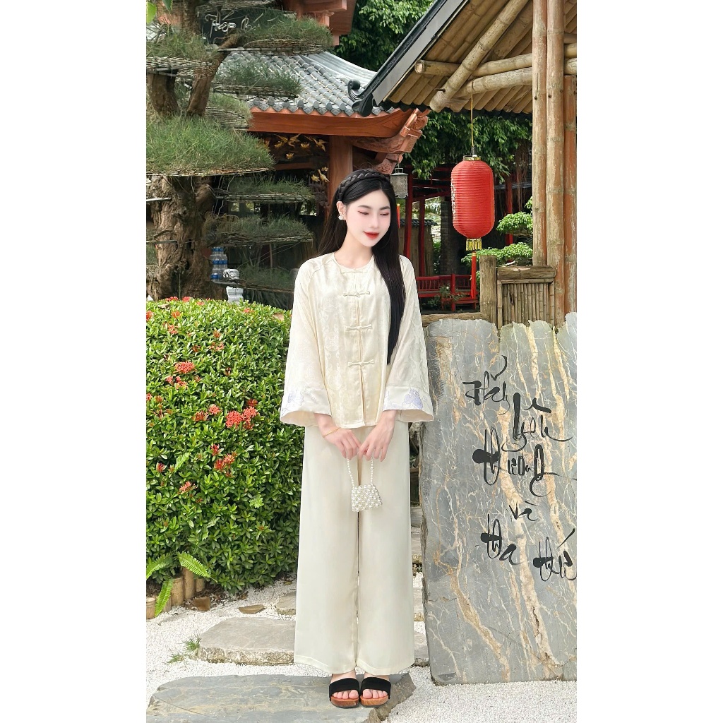 Pháp phục đi chùa cổ tròn tay phối gấm tô châu  Bộ đồ lam đi chùa dài tay tiểu thư gấm mềm mịn Thanh lịch-LS