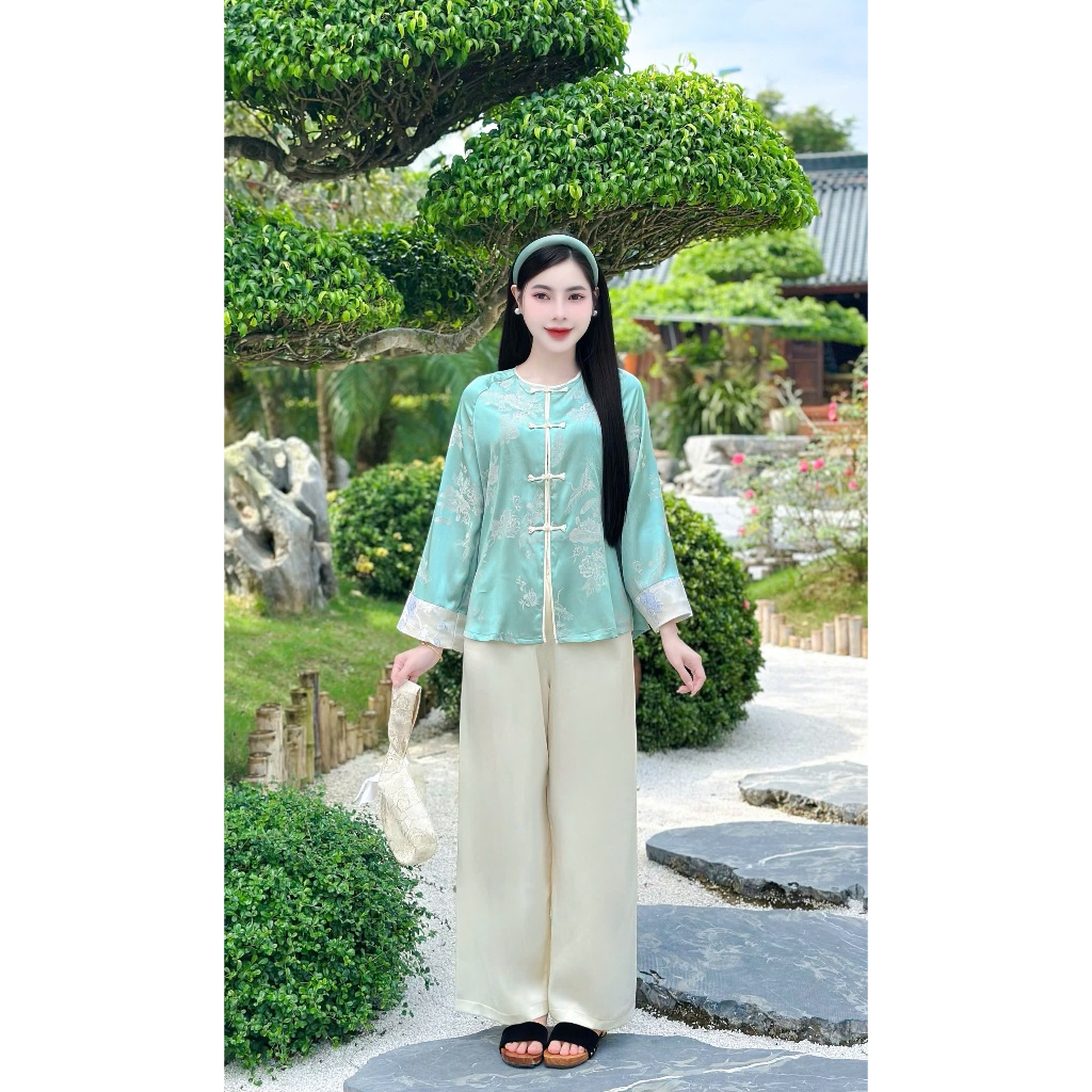 Pháp phục đi chùa cổ tròn tay phối gấm tô châu  Bộ đồ lam đi chùa dài tay tiểu thư gấm mềm mịn Thanh lịch-LS