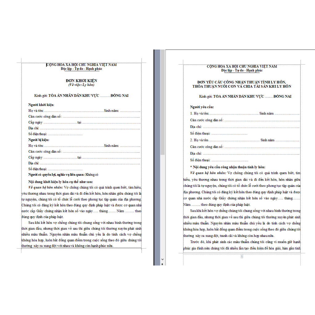 COMBO 02 BẢN THUẬN TÌNH + ĐƠN PHƯƠNG LY HÔN, MẪU SOẠN SẴN DÙNG LUÔN 2026