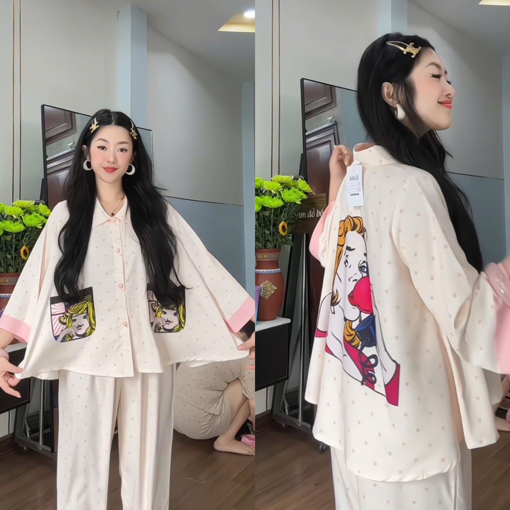 40-65kg Bộ pijama cổ sen tay lỡ loe Thiết Kế siêu sang lụa latin mềm mát