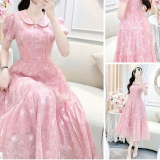 Đầm thời trang nữ sang chảnh chất lụa cao cấp tay ngắn cổ bèo họa tiết in hoa váy dáng maxi xòe