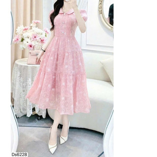 Đầm thời trang nữ sang chảnh chất lụa cao cấp tay ngắn cổ bèo họa tiết in hoa váy dáng maxi xòe