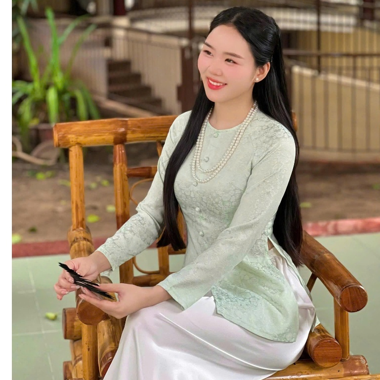 B.A150 - Áo Bà Ba Gấm Tơ Hoa BaBi Cổ Tròn Nút Nụ Tay Dài Dây Kéo