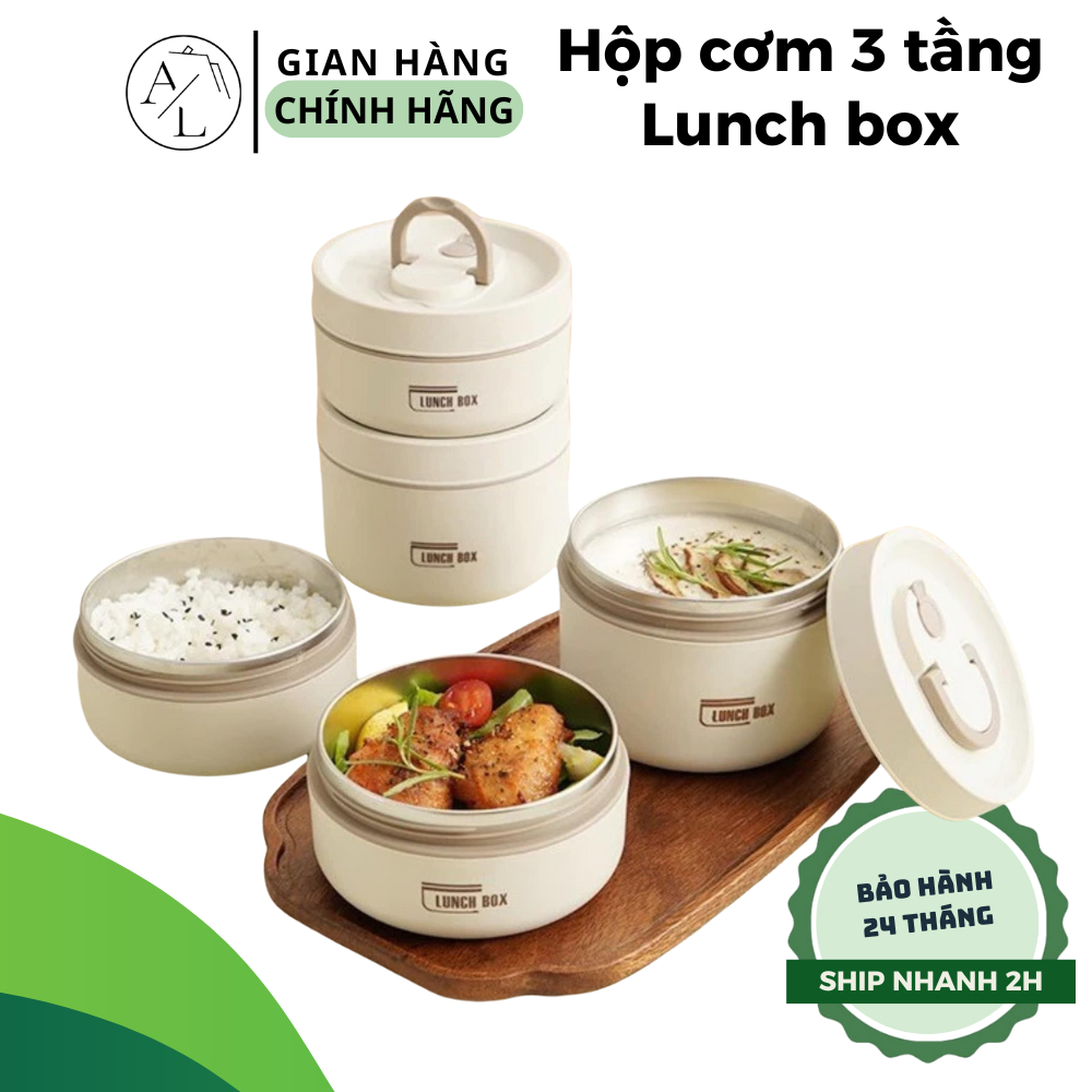 Hộp đựng cơm giữ nhiệt Lucky kèm túi, hộp cơm văn phòng cách nhiệt 3 tầng bằng thép không gỉ 304