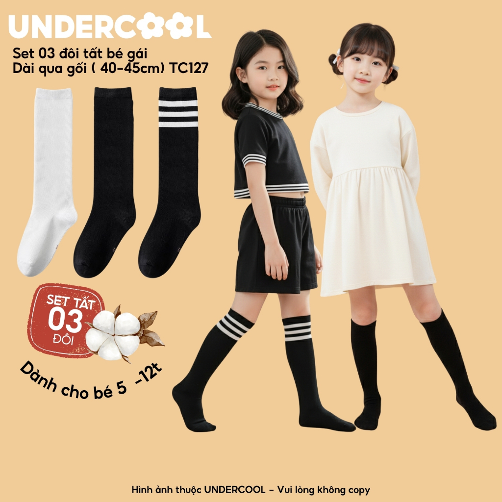 Set 3 Đôi Vớ Tất Dài Qua Gối cho bé gái UNDERCOOL Cotton Mềm Mịn Chống Tụt Cho Bé Gái (40-45cm) 5-12 Tuổi TC127