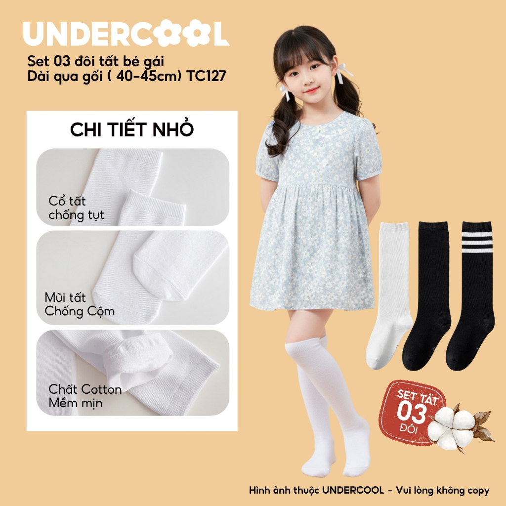 Set 3 Đôi Vớ Tất Dài Qua Gối cho bé gái UNDERCOOL Cotton Mềm Mịn Chống Tụt Cho Bé Gái (40-45cm) 5-12 Tuổi TC127