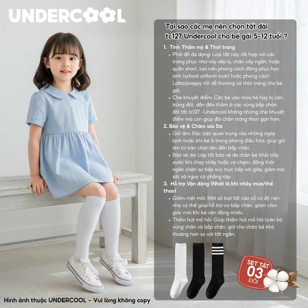 Set 3 Đôi Vớ Tất Dài Qua Gối cho bé gái UNDERCOOL Cotton Mềm Mịn Chống Tụt Cho Bé Gái (40-45cm) 5-12 Tuổi TC127
