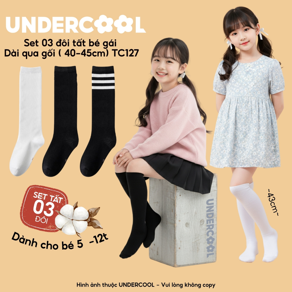 Set 3 Đôi Vớ Tất Dài Qua Gối cho bé gái UNDERCOOL Cotton Mềm Mịn Chống Tụt Cho Bé Gái (40-45cm) 5-12 Tuổi TC127