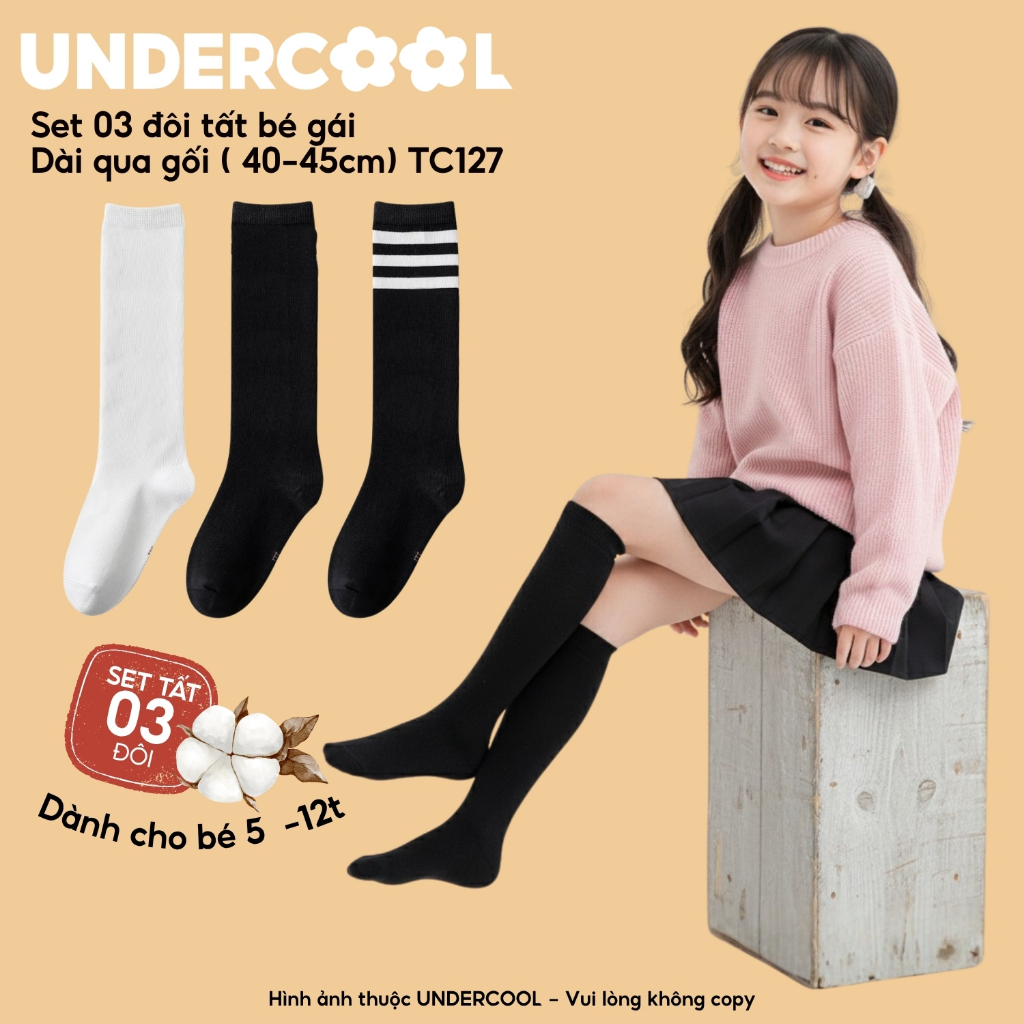 Set 3 Đôi Vớ Tất Dài Qua Gối cho bé gái UNDERCOOL Cotton Mềm Mịn Chống Tụt Cho Bé Gái (40-45cm) 5-12 Tuổi TC127